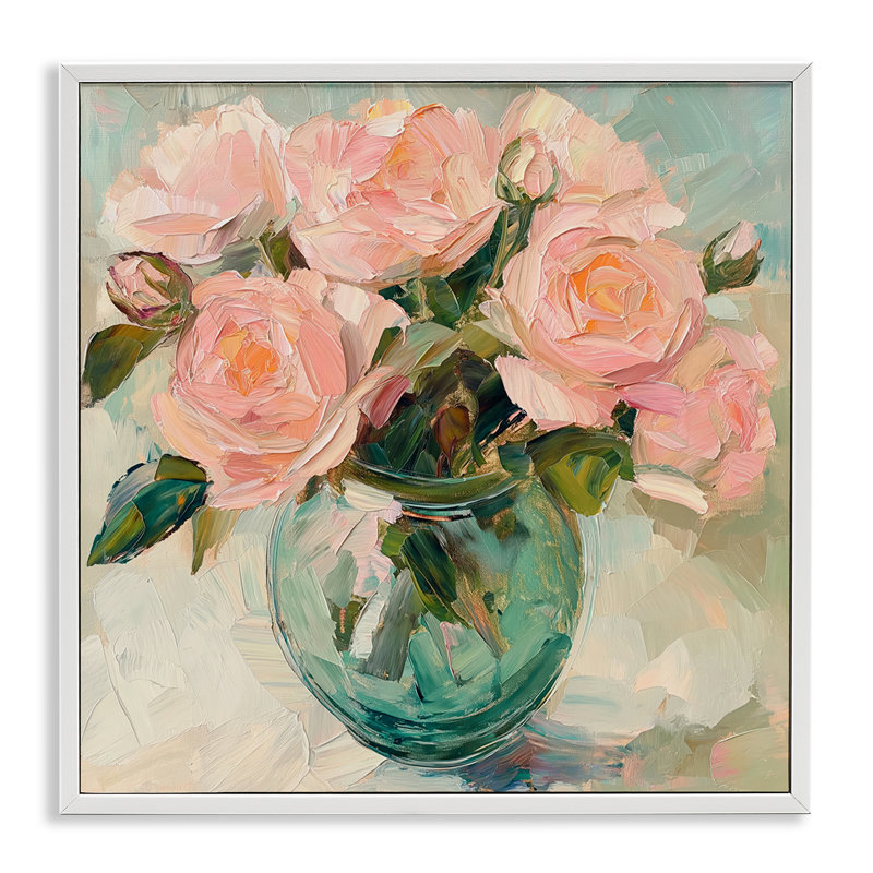 Roses roses dans un vase vert, estampe numérique, design par Gina Kelly, H 17 po x l 17 po