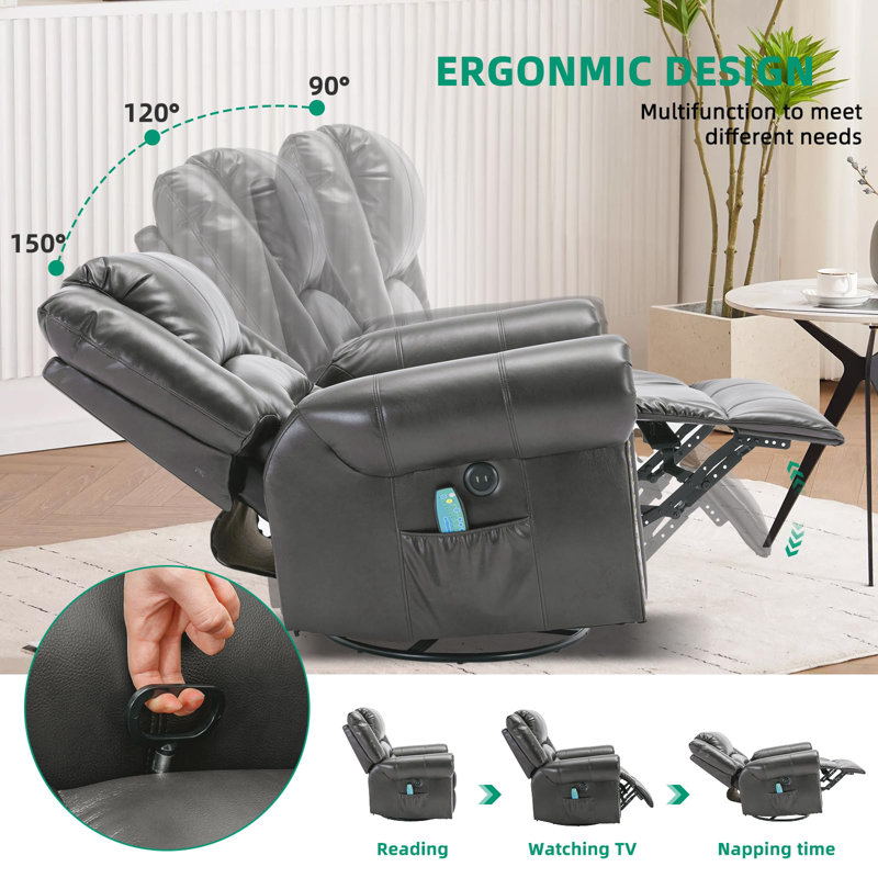 Heated Massage Swivel Rocking Recliner, Gray (Leathaire)