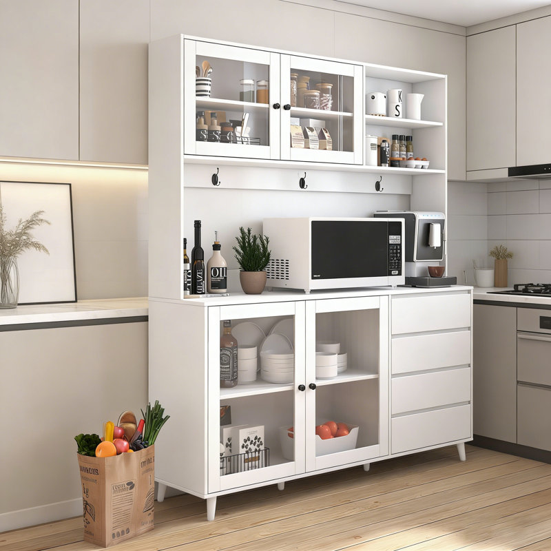 Armoire de cuisine autoportante de 63 pouces de large avec 4 portes, 4 tiroirs et une tablette à micro-ondes pour un rangement et une organisation améliorés