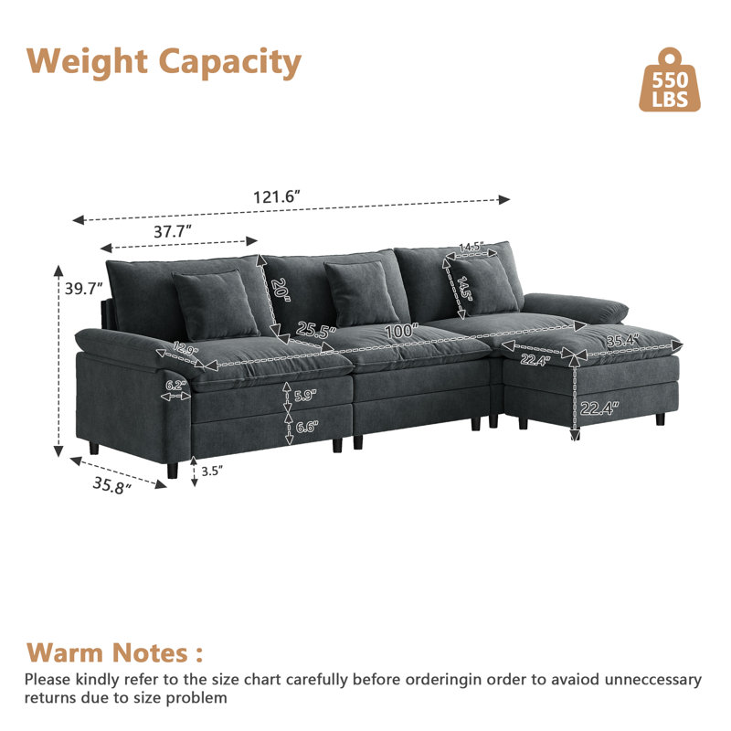 Canapé modulaire en chenille de L 121,6 po, Gris