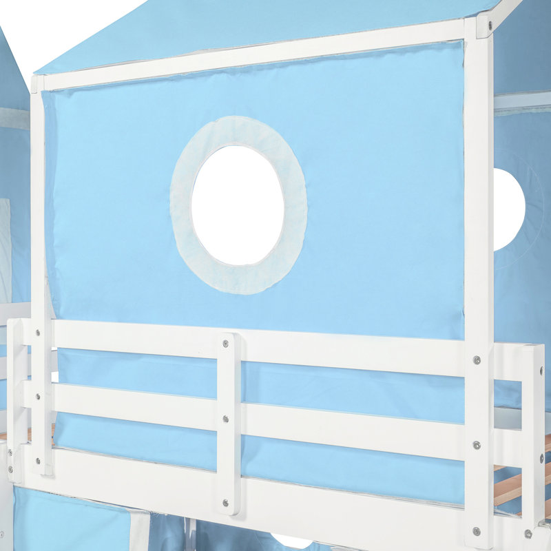 Lit simple mezzanine bleu avec glissade, tente rose et tour