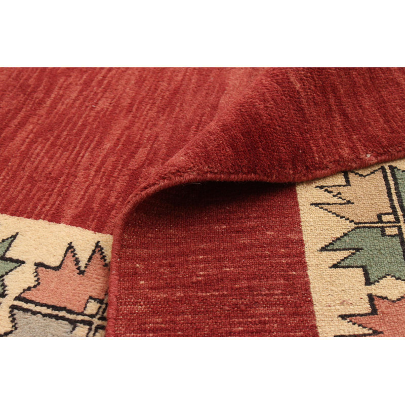 Tapis rouge foncé en laine nouée à la main de conception unique 5 pi 8 po x 8 pi 10 po New Age