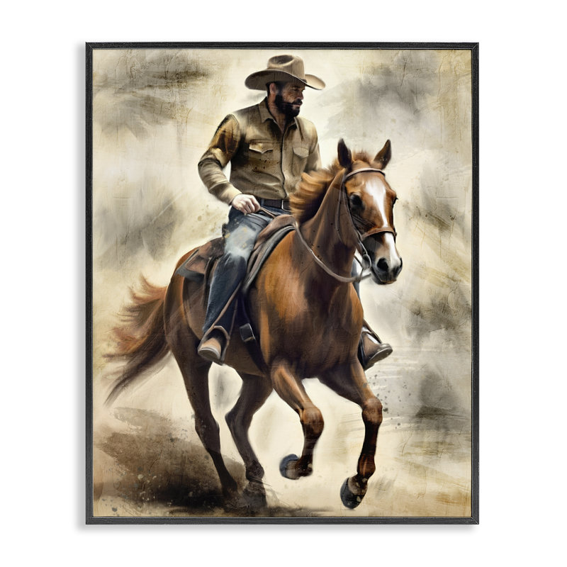 Cheval galop et cowboy, estampe numérique, design par Kim Allen, H 20 po x l 16 po, Giclée noire de minuit encadrée
