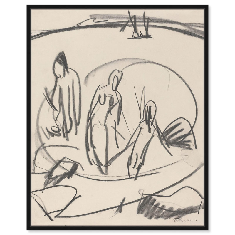 Trois figurines rétro "Bathers in the Sea" par , H 21 po x l 17 po, Cadre flottant noir