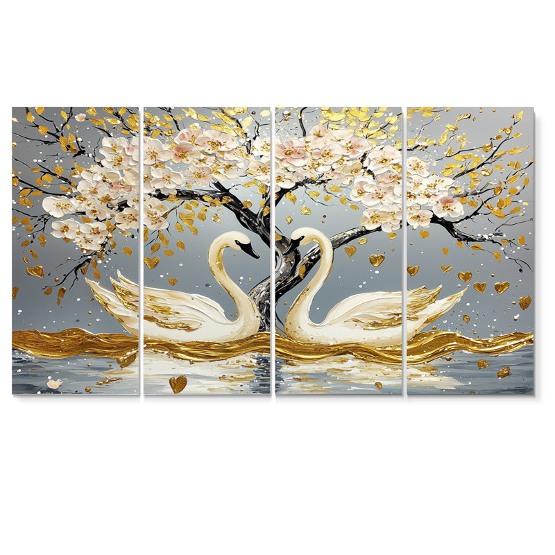 Cygnes gris et or Love Under Cherry Blossom II - Ensemble de décoration murale cerisier en fleurs, 32" H x 64" W