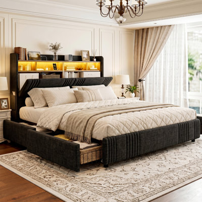 Très grande base de 49,2 po avec très grand lit californien avec tête de lit cachée à oreilles, lit plateforme tapissier avec 4 tiroirs de rangement, lumières DEL et station de charge, aucun sommier nécessaire, noir