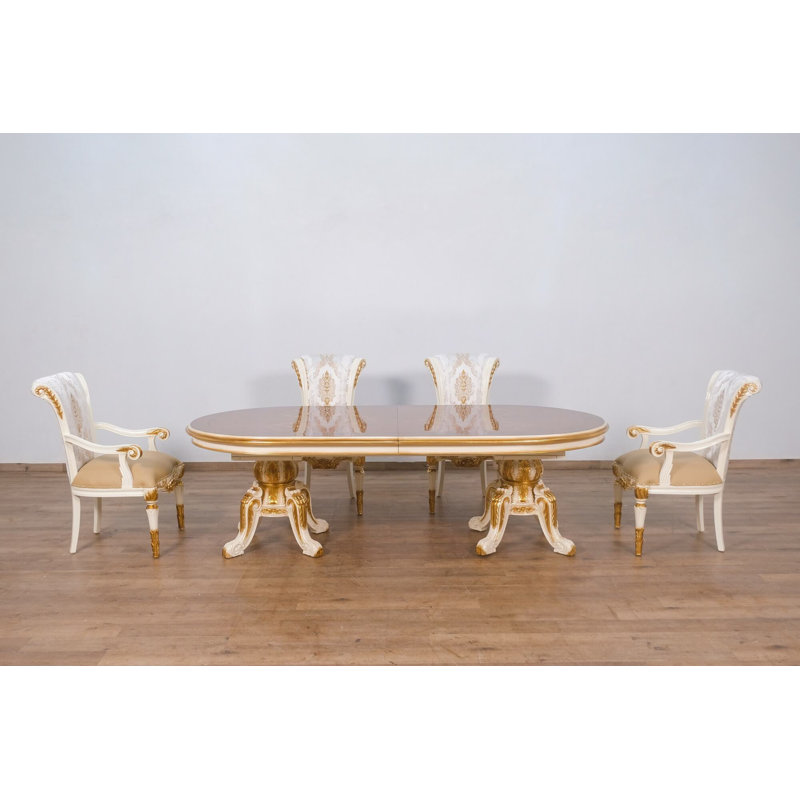 Maggiolini Extendable Dining Set, 9 Piece Dining Set, Natural Wood/Beige & Gold, Light sand beige