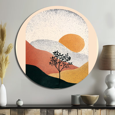 «Geometric Yellow and Pink Sunrise Symmetry», art mural rond en métal abstrait Mid-Century
