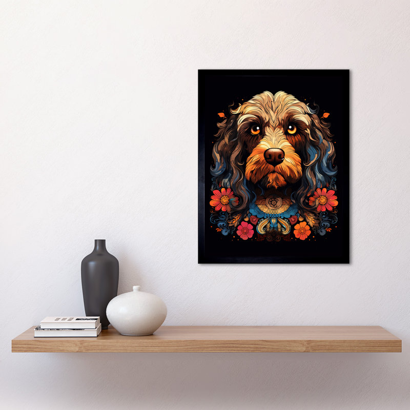 Cockapoo Dog With Ornate Collar Flowers Symmetrical - Single Picture Frame Print