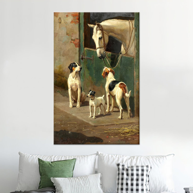 Toile imprimée: Alfred Duke Art Dogs with Horse Farmhouse Decor, 1P WhiteFramedCanves, H: 47,3 po x l: 35,5 po