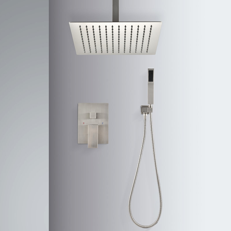 Brushed Nickel Ceiling Mounted Shower Union With Handheld And 12" Head In - Natural Rainfall Sensation Self-Cleaning Nozzle Matches All Standard Arms Conforms To American Pipe System Simulation Works