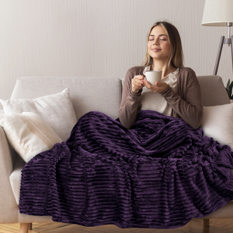Purple Ribbed Fleece Reversible Throw Blanket