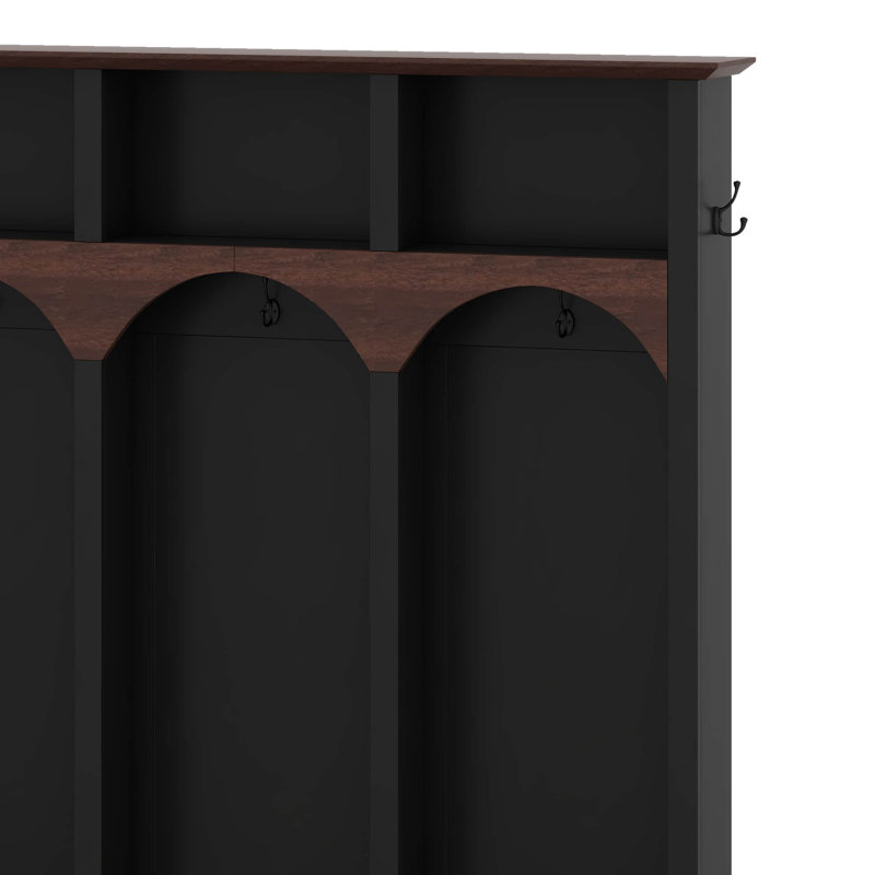 Farmhouse Wooden Style Hall Tree With Arched Design, 5 Black Hooks, Minimalist 4-In-1 Hallway Shoe Cabinet With 7 Cubbies
