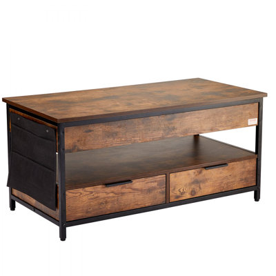 Lift Up Coffee Table, 39.4 in Rectangle Coffee Table with Storage Drawers, Coffee Table with Charging Station & USB & LED Light, Hidden Compartments and Open Shelf for Living Room, Home, Office, Brown