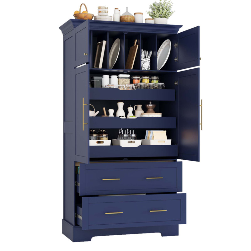 Garde-manger autoportant 40 po x 18 po x 72,6 po Farmhouse, Bleu / doré
