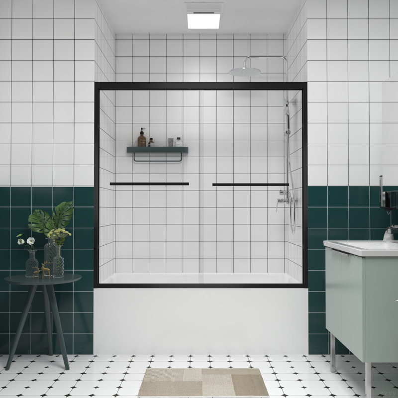 56-60"X58" Aluminum Frame Double Sliding Bathtub Screen,Bypass Bathroom Sliding Door With Premium 1/4" (6Mm) Clear Tempered Glass, Black Hardware Sliding Glass Shower Enclosure,Matte Black Finished