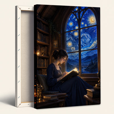 Woman Reading Book in Library with Swirling Starry Sky Canvas Wall Art