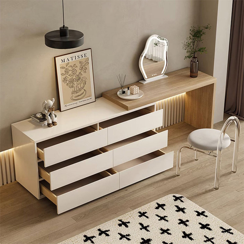 Coiffeuse avec miroir lumineux, 6 tiroirs, Beige / Burlywood