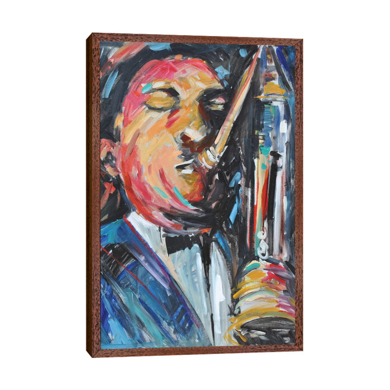 Sax Man by Allayn Stevens - Painting on Canvas, Classic Brown Wood Framed, 66.04cm H x 45.72cm W x 3.81cm D