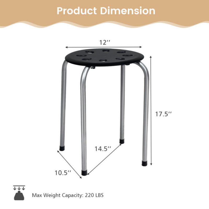 17.5 Inch Set Of 6 Portable Plastic Stack Stools With Metal Frame, Grey/Black