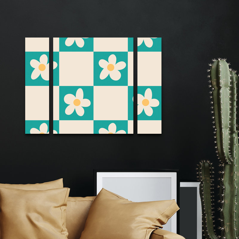 Ensemble de 3 panneaux muraux - Rachel Hallquist «Daisy Checks Aqua», art mural sur toile pour le salon, la chambre à coucher ou le bureau 