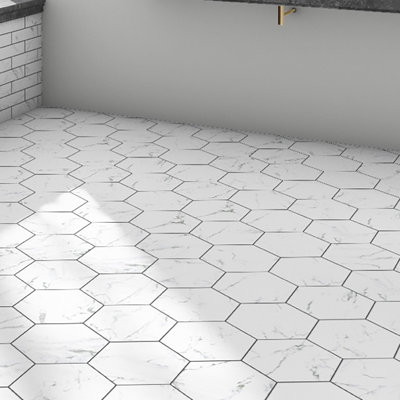 Carreau de plancher et de mur en porcelaine biseauté Timeless Hex Calacatta 8-5 / 8 "x 9-7 / 8"