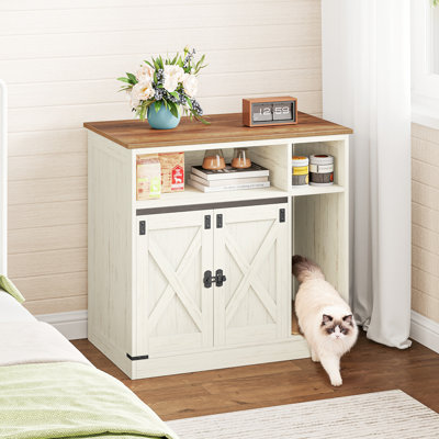 Meuble pour litière de 80 cm avec rangement intégré, meuble en bois pour chat avec griffoir, maison pour chat de style ferme, meuble télé/table d'appoint, brun et blanc rustiques