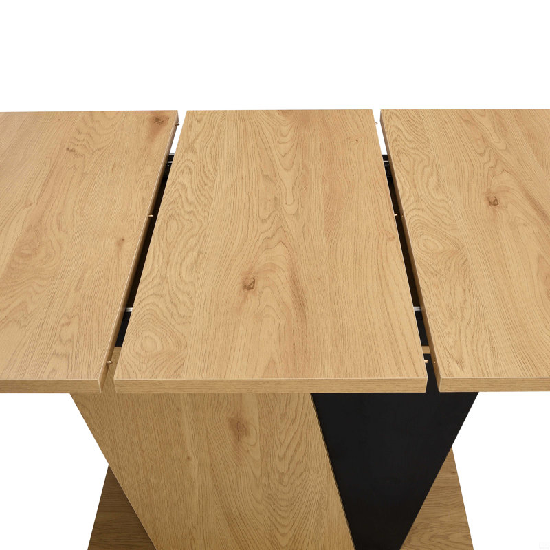 Table de salle à manger extensible avec rangement intégré, table en bois avec structure en métal robuste et base en panneau de fibres à densité moyenne, plateau de table réglable