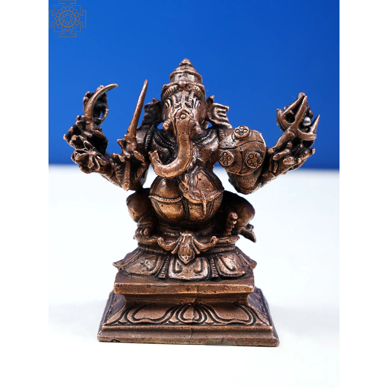 3" Small Copper Eight-Hand Lord Ganesha Statue - Handcrafted Ashtabhuja Cosmic Warrior Sculpture for Home Decor