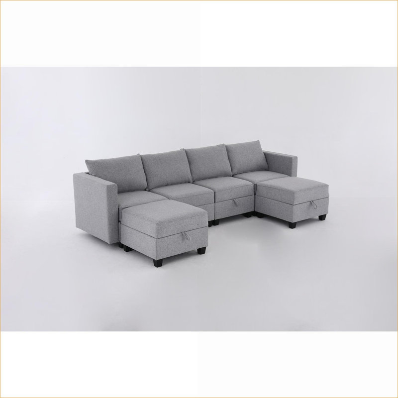 Sectional Sofas | Modern 4-Seat U-Shaped Modular Storage Sofa for Living Room, Solid Wood, light gray | LIGHT GREY | Standard