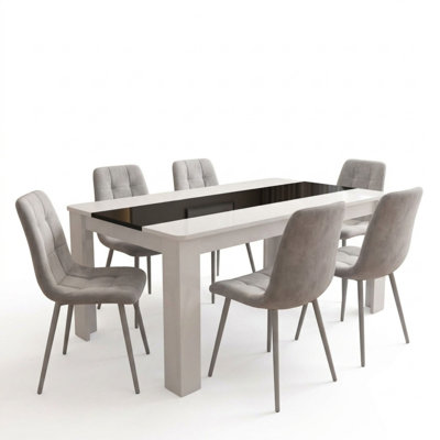 Modern Dining Set with White and Black Table and 6 Grey Nova Velvet Chairs 6 Seater for Kitchen