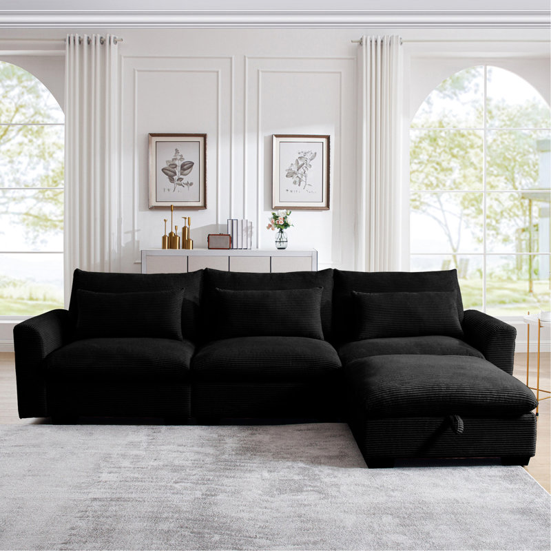 Canapé modulaire en L en velours côtelé avec rangement et 3 coussins pour le salon