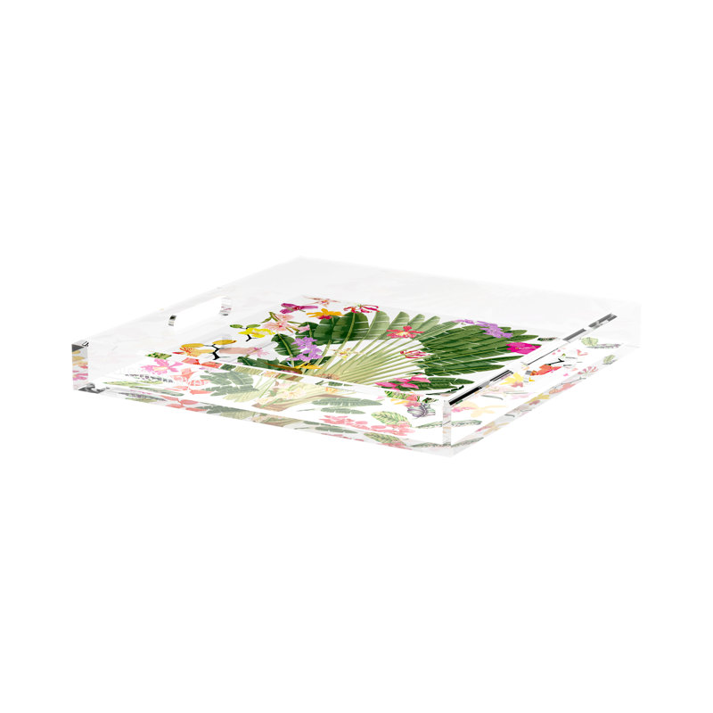 Plateau décoratif fantaisie tropical en acrylique, L 15 po x P 15 po x H 2 po