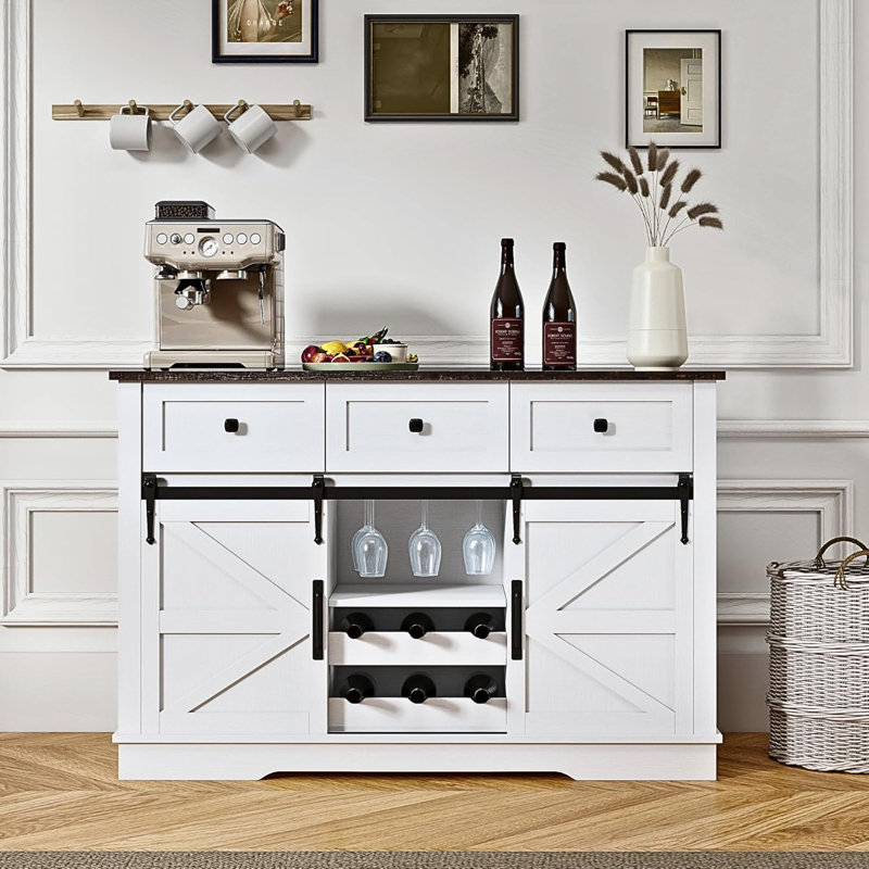 Armoire de bar de style campagnard avec porte-bouteilles et armoire à vin 54 po, White/Black