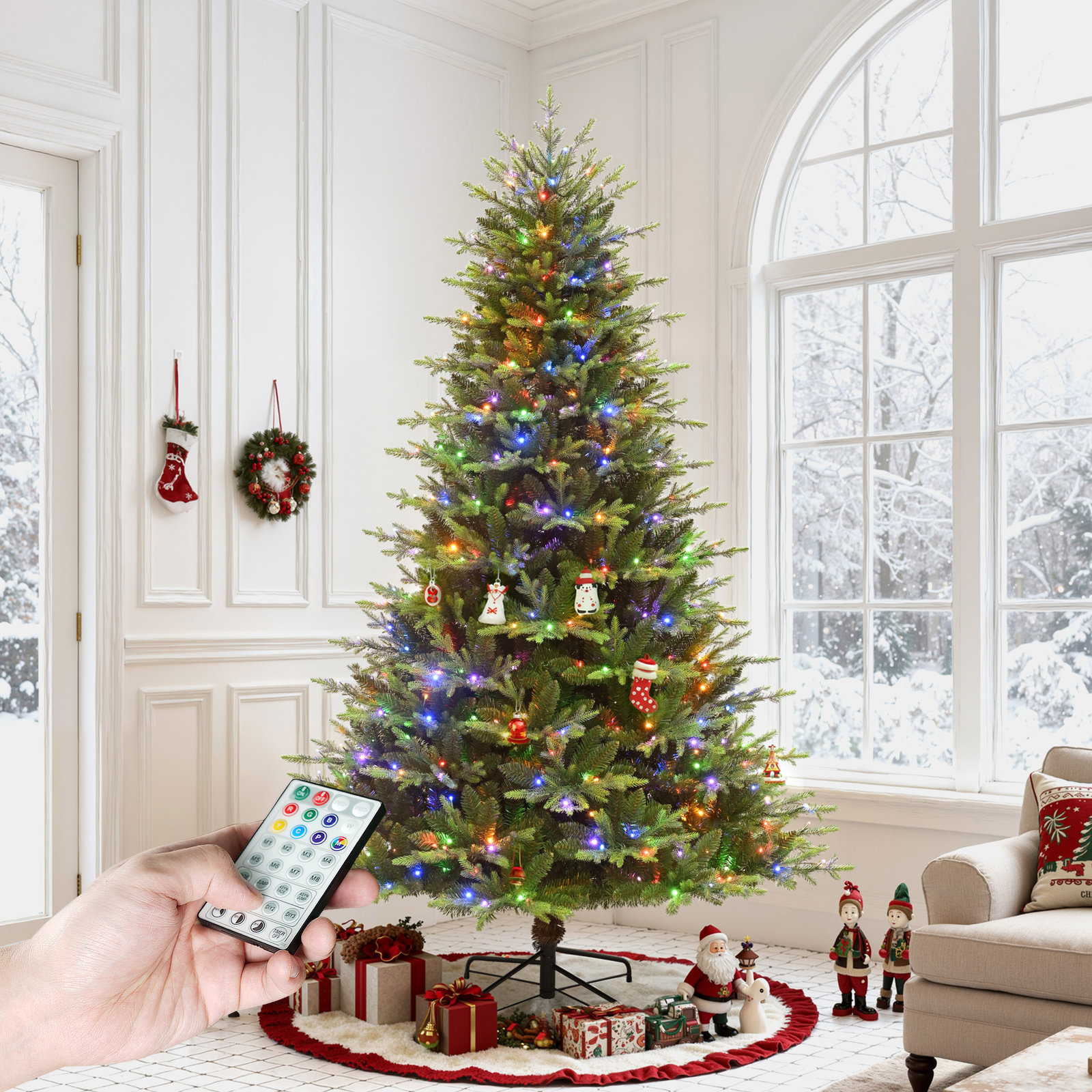 7.5FT Pre-Lit Green Artificial Hinged Spruce Christmas Tree with Remote, 2992 Tips, 750 LED Lights and 26 Light-Modes for Home, Party Decoration