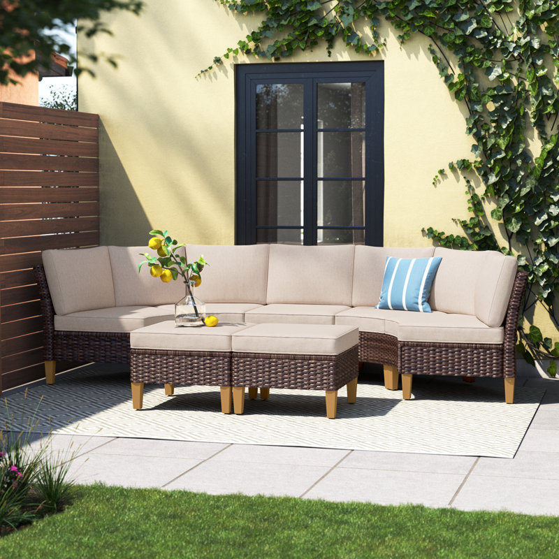 Salem 7 Piece Wicker Outdoor Patio Conversation Furniture Sectional Set with Fire Pit Table, Beige, No