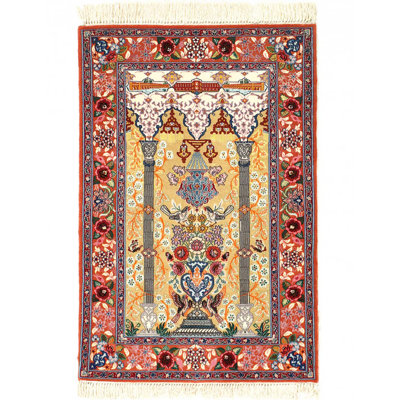 Tapis unique en laine et soie 2 pi 4 po x 3 pi 6 po Holahan Beige, bleu, rouille, or