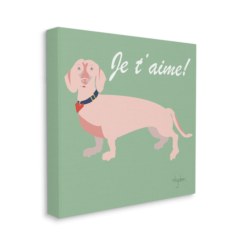 Je t'aime! Expression française avec teckel rose, Toile tendue, H 24 po x l 24 po x 1,5 po