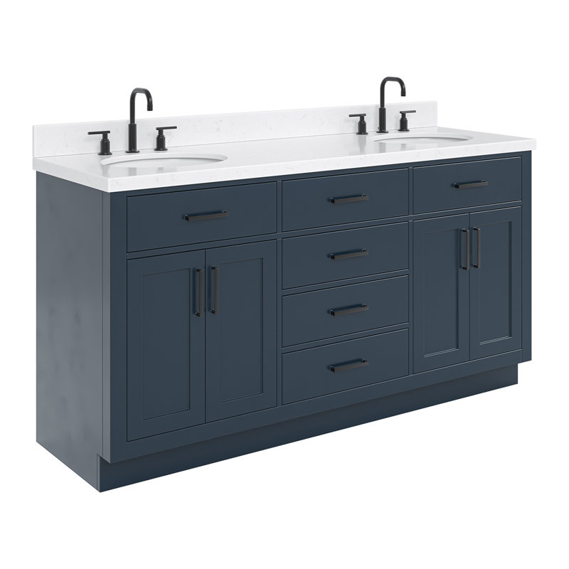 Meuble-lavabo double en bois massif 66 po avec plateau en quartz Carrara de 1,5 po Thornaby, Ovale, Bleu minuit / noir mat