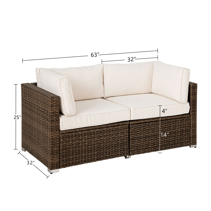Canapé d'extérieur en rotin de 63 po de large avec coussins moelleux, brun foncé, Blanc cassé, Marron foncé