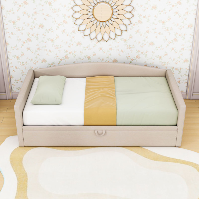 Twin Upholstered Daybed with Pop Up Trundle, Beige