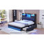 Structure de lit simple avec tête de lit cachée et deux grands tiroirs; Lit de jeu avec éclairage RVB et station de charge; Lit plateforme tapissier en cuir Lit de style sport électronique; Aucun matelas à ressorts requis; Noir-883851286