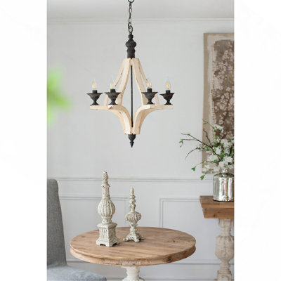 Adjustable Chandelier 6 - Light Wood, Hanging Light Fixture With Chain For Kitchen Dining Room Foyer Entryway, Bulb Not Included