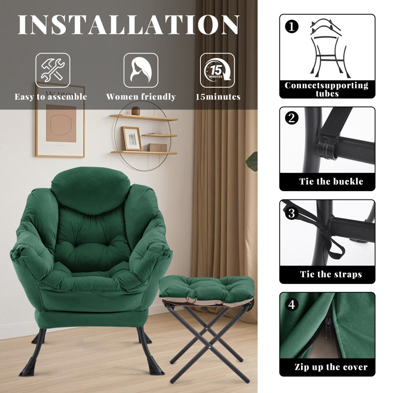Upholstered Armchair with Footstool, Green