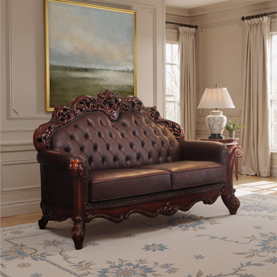 Scrolled Molding And Arched Back Loveseat With 3 Pillows, Cherry