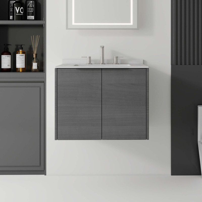 Meuble-lavabo suspendu élégant avec comptoir en marbre reconstitué et portes à fermeture en douceur, Gris