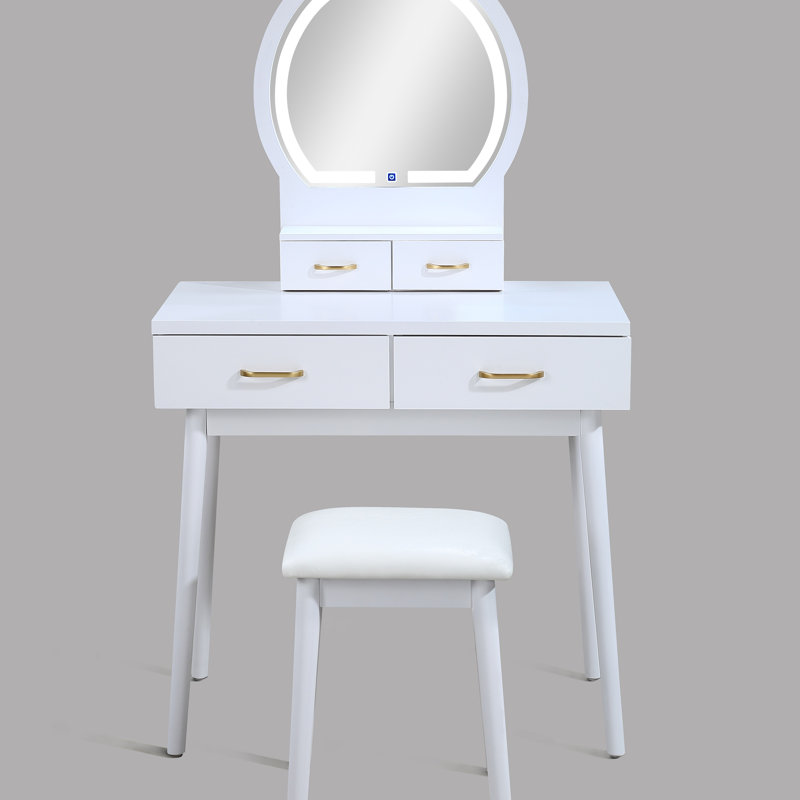 3Pc Vanity Table And Stool Set Built-In Led-Lit Mirror Matching Cushioned Stool Gold-Accented Handles Wooden Home Furniture
