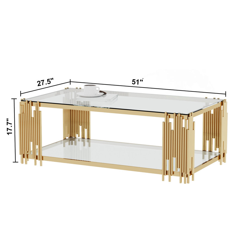 Vaili 51" L Rectangular Tempered Glass Coffee Table for Living Room, Clear