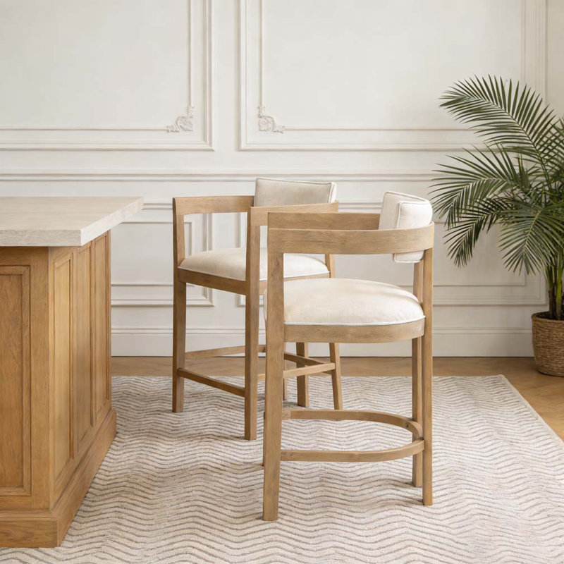 Tabouret de bar 26 po, Tissu beige, Bois de frêne naturel
