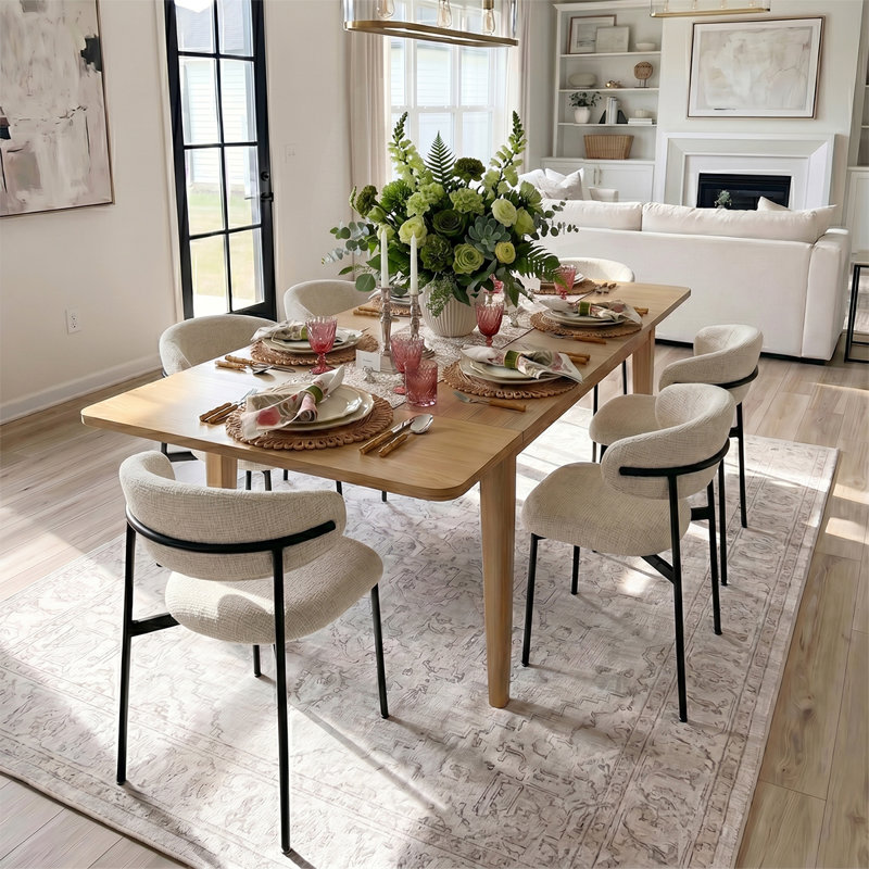 Modern 7-Piece Extendable Dining Set With Rectangular Wood Table And Upholstered Curved Back Chairs, Santi Beige